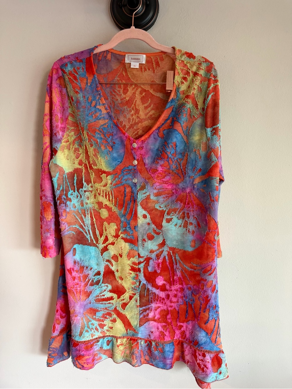 Kamana Womens XL Abstract Floral Butterfly Burnout Tunic V-Neck Ruffle‎ Hem Top